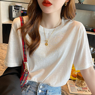 上衣 白色冰丝t恤女夏季 短袖 宽松2025年新款 圆领纯色体恤棉麻薄款