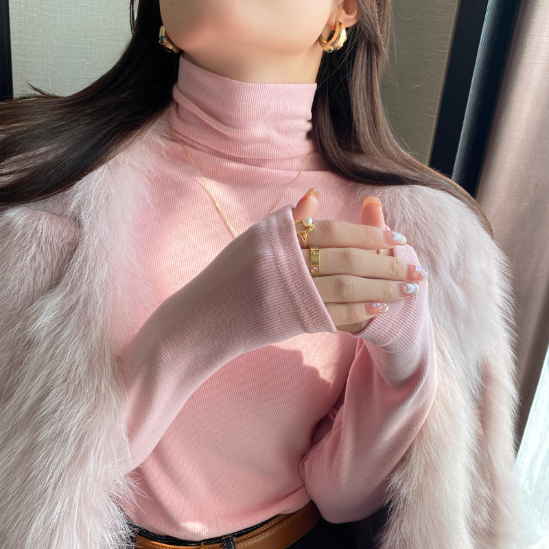 粉色内搭高领打底衫女2026秋冬新款加绒磨毛高级感堆堆领加厚上衣