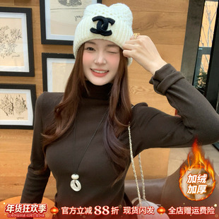 龙妹棕咖色半高领加绒打底衫女款内搭2025冬新款保暖长袖T恤上衣