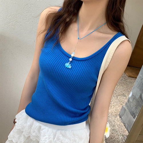 蓝色吊带针织背心修身外穿女夏季