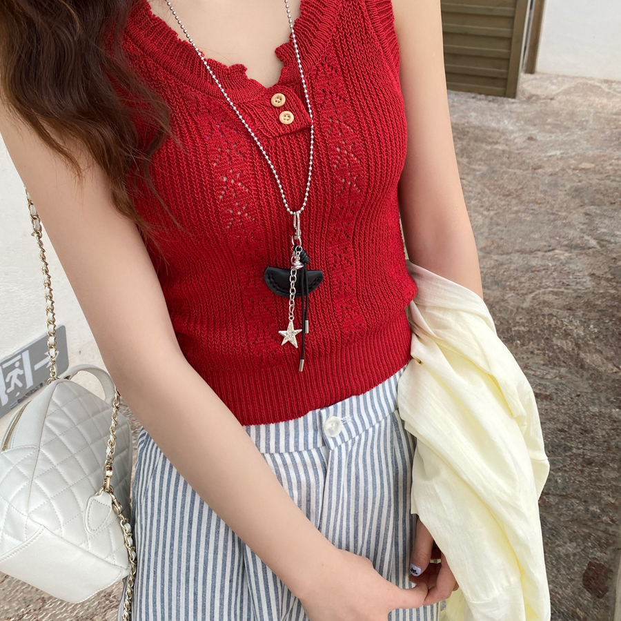红色宽肩带针织吊带背心女内搭
