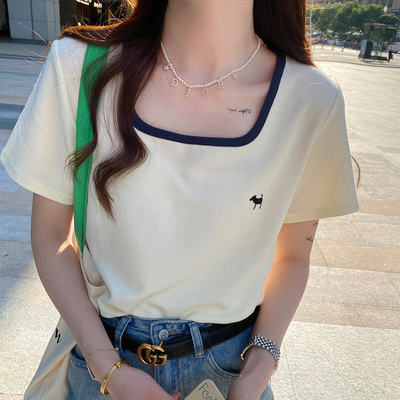 休闲百搭刺绣纯色短袖女