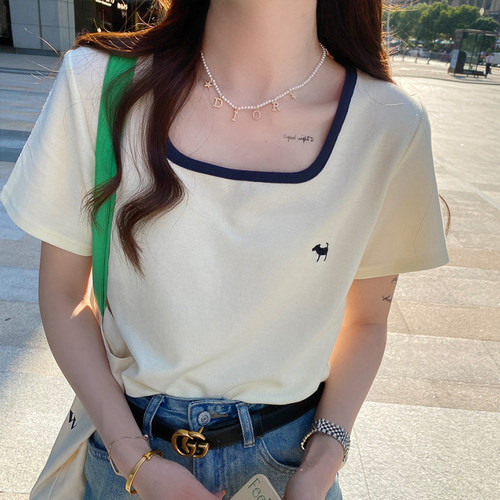 休闲百搭刺绣纯色短袖女