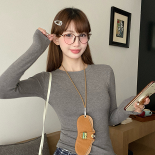 龙妹家灰色长袖磨毛打底衫女士内搭新款2026爆款T恤春秋加绒上衣