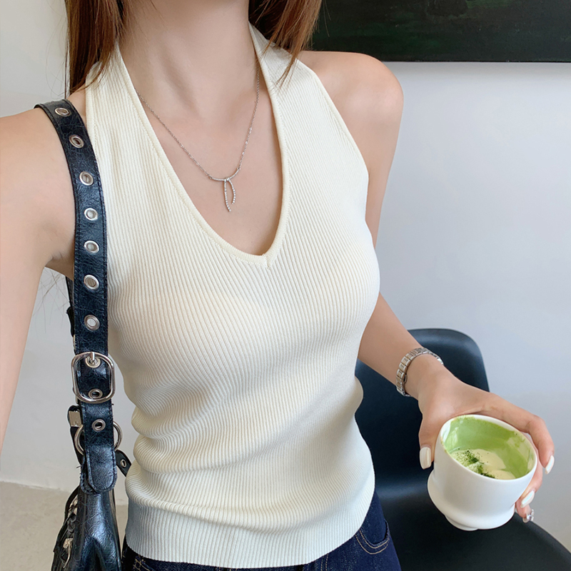 白色针织挂脖吊带背心绝美上衣夏