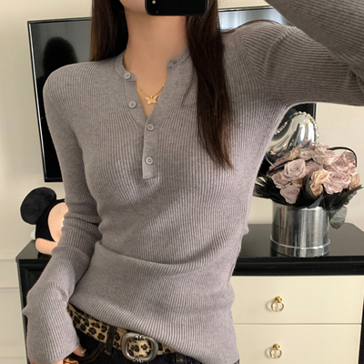 【美式针织打底衫】半开V领毛衣