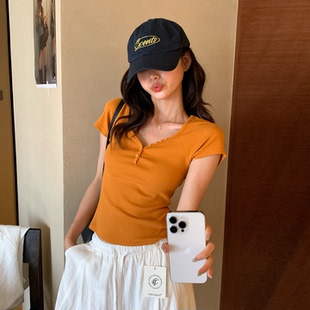 穿搭巨好看修身 夏季 小上衣 T恤女外穿内搭2026新款 龙妹橘色V领短袖