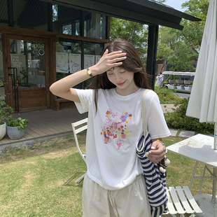 T恤女2025夏新款 龙妹家白色印花正肩短袖 设计感韩系圆领宽松上衣