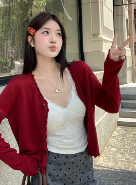 龙妹家红色针织开衫外套女秋季2026新款宽松早秋毛衣时尚打底上衣