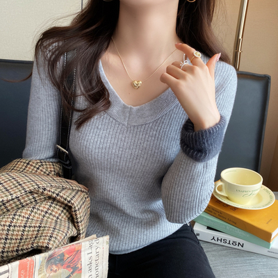 V领加绒加厚针织衫女修身