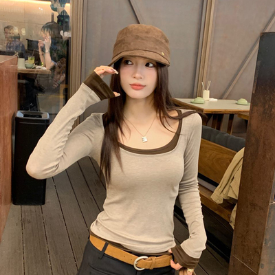 假两件U领拼接长袖修身打底衫女