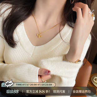 白色加绒加厚V领打底衫女2026春秋季新款毛衣内搭高级感针织上衣