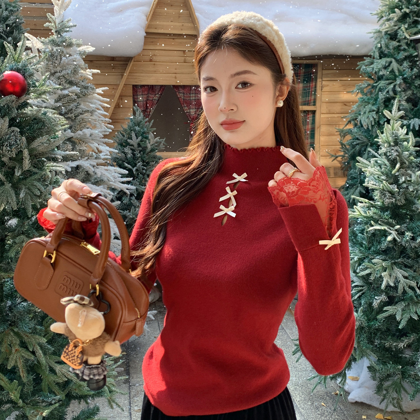 龙妹家高领红色毛衣女内搭打底衫2025新款冬季蕾丝木耳边针织上衣