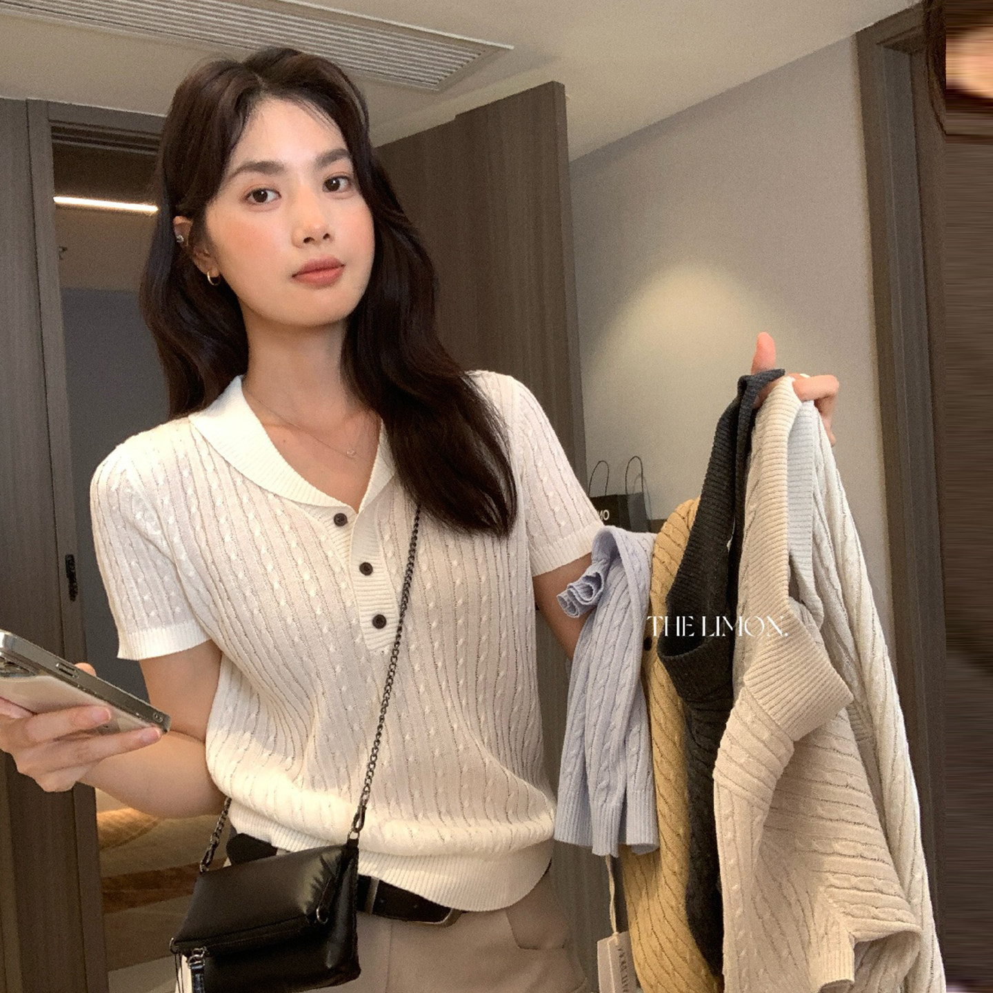 龙妹白色麻花针织短袖T恤女夏外穿2026新款韩系穿搭翻领气质上衣