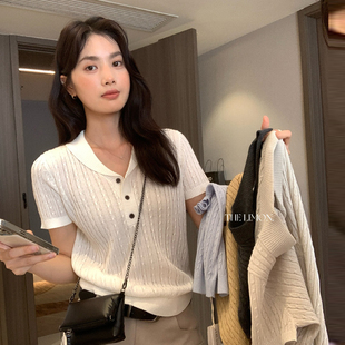 龙妹白色麻花针织短袖T恤女夏外穿2026新款韩系穿搭翻领气质上衣