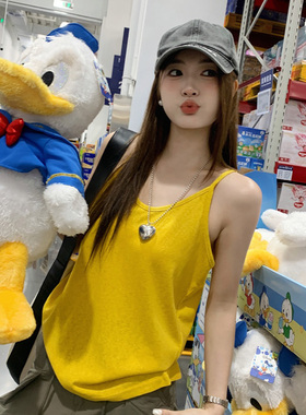 龙妹家黄色竹节棉亚麻吊带背心女夏外穿新款宽松大码内搭无袖上衣