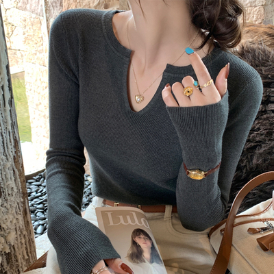 v领内搭长袖针织打底衫女
