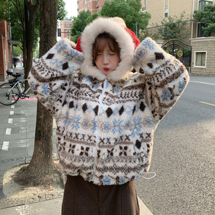 龙妹家杏色费毛领尔岛连帽外套女2025秋冬季 加厚保暖毛绒上衣 新款