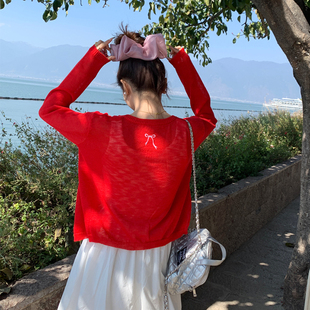 龙妹家红色针织开衫女外穿2026夏季新款薄款冰丝刺绣外套打底上衣