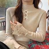 冬季 龙妹半高领蕾丝打底衫 女内搭毛衣2025新款 穿搭木耳边针织上衣