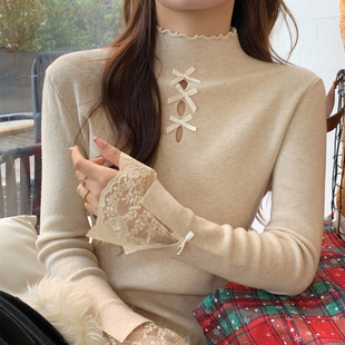龙妹半高领蕾丝打底衫女内搭毛衣2025新款冬季穿搭木耳边针织上衣