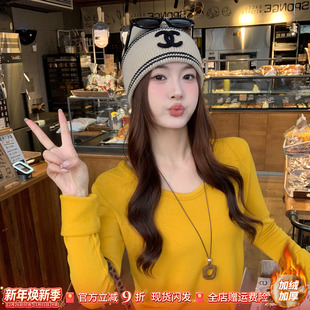 T恤上衣修身 龙妹家黄色圆领打底衫 长袖 新款 漂亮 女士内搭2025冬季