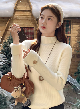 龙妹家杏色半高领加绒加厚毛衣女内搭打底衫2025新款冬季针织上衣