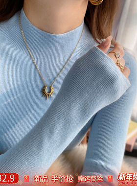 龙妹家蓝色半高领羊绒打底衫毛衣女内搭2025冬新款高级感针织上衣