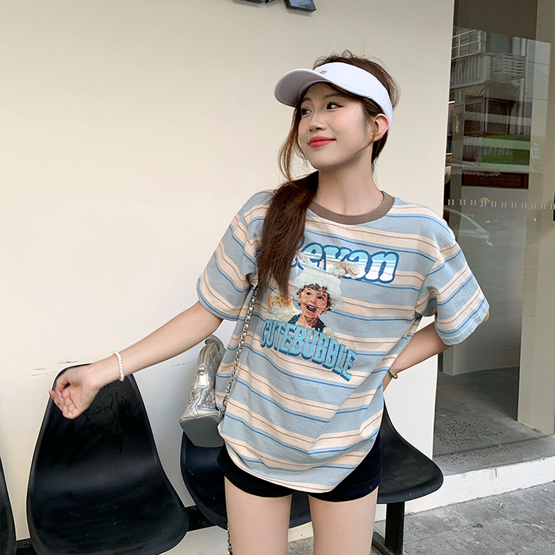 夏季美式穿搭撞色条纹短袖T恤女