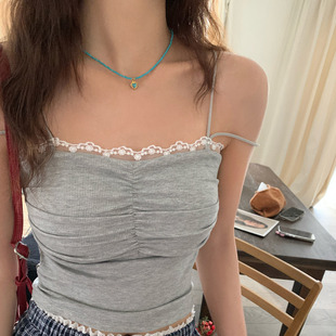 绝美背心打底漂亮外穿小上衣 灰白色蕾丝带胸垫吊带女内搭春夏新款