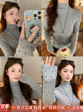 龙妹半高领灰色加绒加厚打底衫女内搭2025冬新款波点长袖T恤上衣