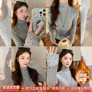 龙妹半高领灰色加绒加厚打底衫女内搭2025冬新款波点长袖T恤上衣
