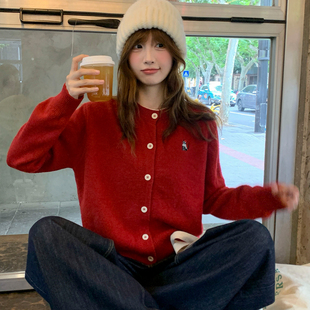 韩系穿搭针织打底上衣 冬季 龙妹家红色毛衣开衫 外套女外穿2025新款