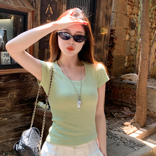 修身 高级感半袖 上衣 T恤女2026春夏新款 龙妹家薄荷绿色U领正肩短袖