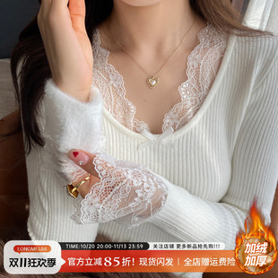 v领蕾丝加绒加厚针织打底衫女2026春秋新款白色内搭毛衣保暖上衣