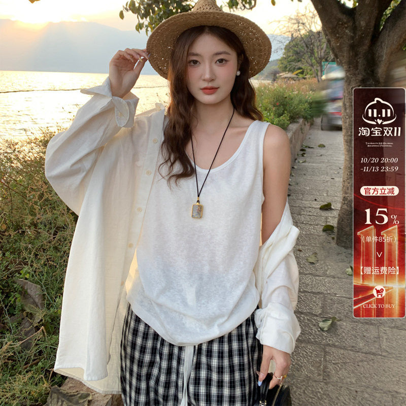 龙妹白色棉麻背心女内搭外穿2026秋新款宽松大码吊带遮肚无袖上衣
