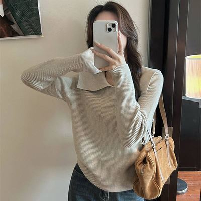 纯色翻领长袖针织衫女休闲百搭