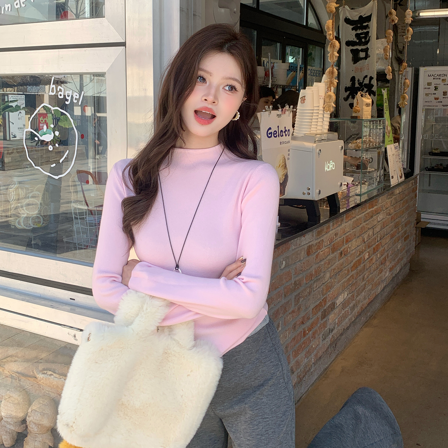 【绝美内搭】粉色半高领打底衫