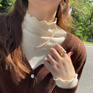 打底衫女秋冬内搭半高领木耳边修身春秋白色长袖T恤2023秋季新款