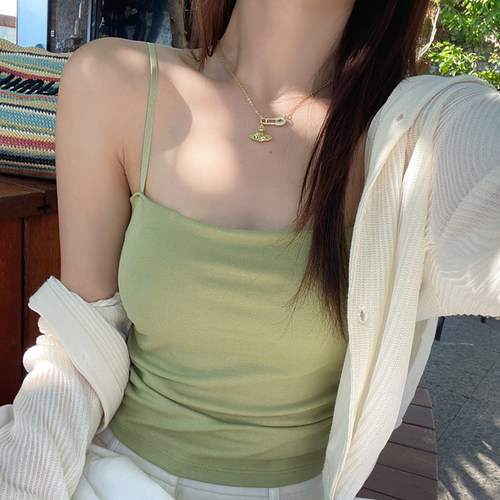 绿色带胸垫吊带背心女短款夏辣妹