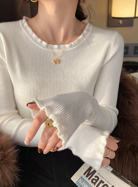 龙妹家白色打底衫女内搭2025新款秋冬穿搭木耳边针织毛衣长袖上衣
