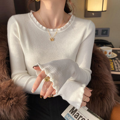 【白色打底衫女内搭】针织木耳边
