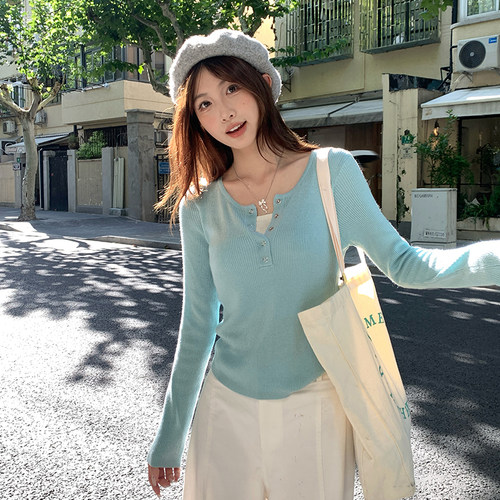 蓝色半开领假两件针织上衣女修身