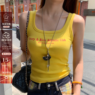 黄色工字美式背心女秋外穿内搭新款辣妹吊带胸垫无袖多巴胺小上衣