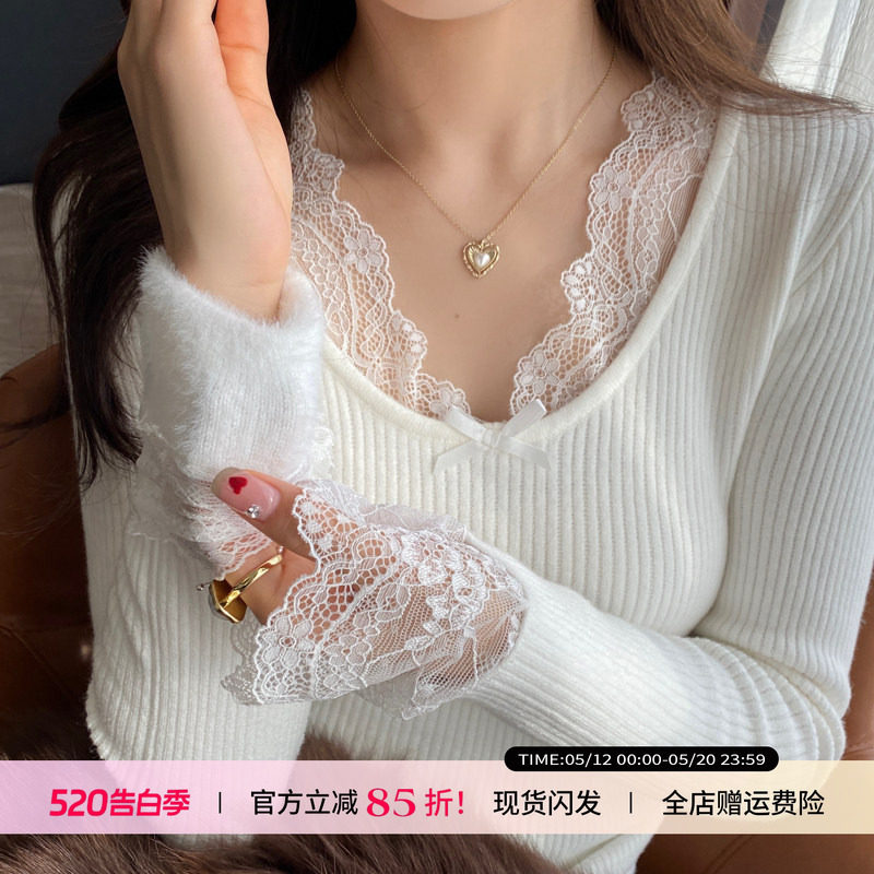 v领蕾丝加绒加厚针织打底衫女2026春秋新款白色内搭毛衣保暖上衣