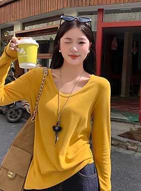 姜黄色V领正肩长袖T恤女2025秋冬加绒内搭白色打底衫宽松好看上衣