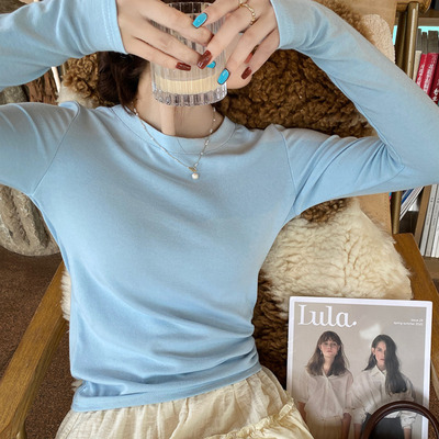 休闲圆领长袖T恤女修身