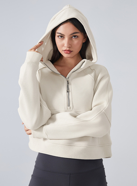 Scuba 女士超宽松款半拉链连帽衫 短款加绒保暖短款运动外套卫衣