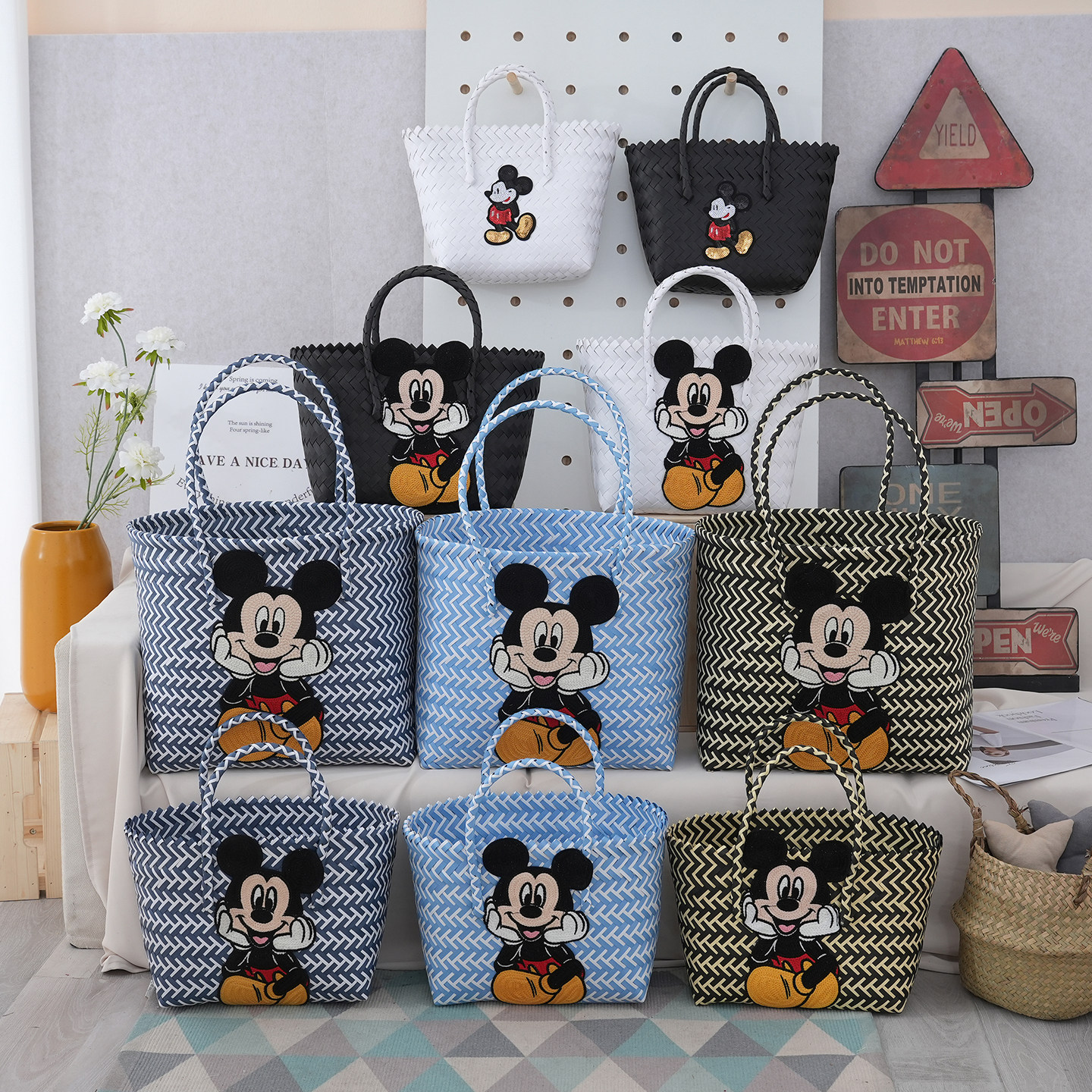 新款米奇编织包手提包购物袋菜篮子女时尚大容量卡通包单肩托特包