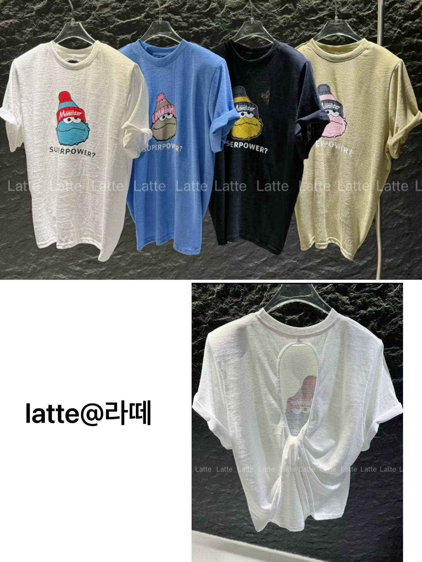 LATTE正版夏季新款 图案很可爱的后背纽结露背宽松短袖T恤女